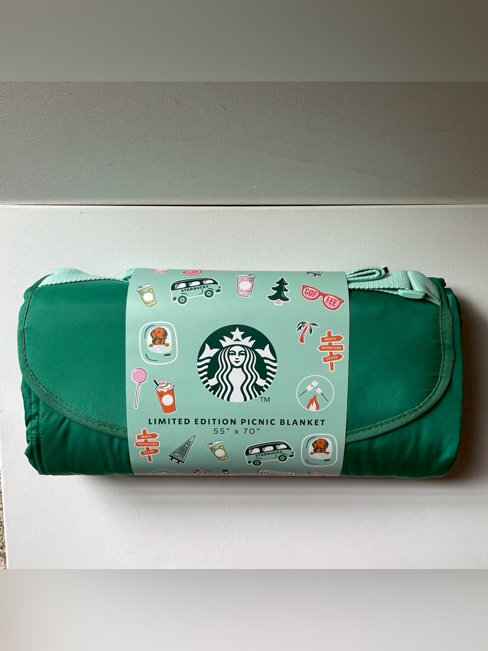 Starbucks Dark Green Picnic Blanket with Mint Strap